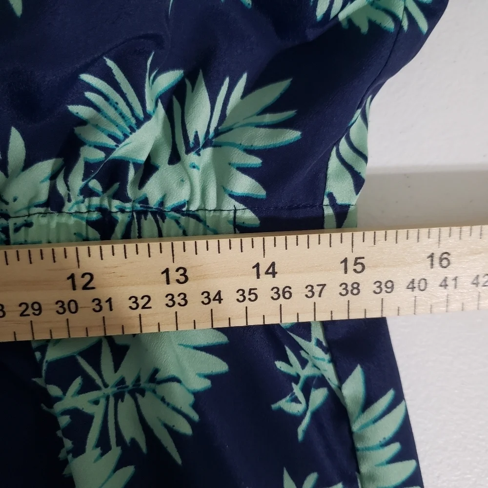 J. Crew Leaf Print Long Sleeve Dress 10 Navy Blue Mint Green Faux Wrap Lined